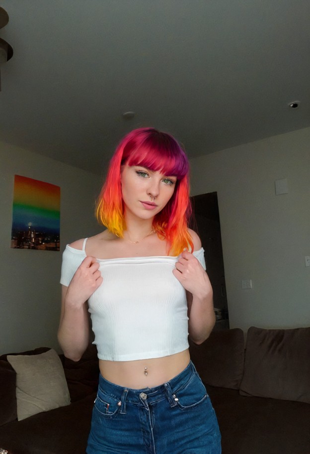 she is,hugging viewer,white cotton top,dark denim jeans,cozy living room,dim ambient lighting,medium shot,amber lighting