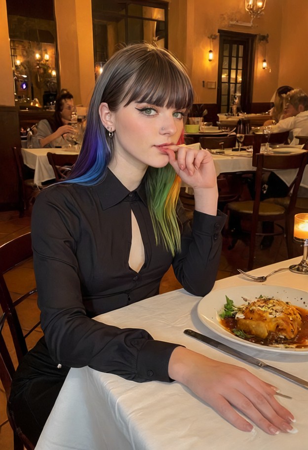 sitting at a table eating her meal and touching viewer's thigh,black silk blouse,charcoal grey tailored trousers,silv…