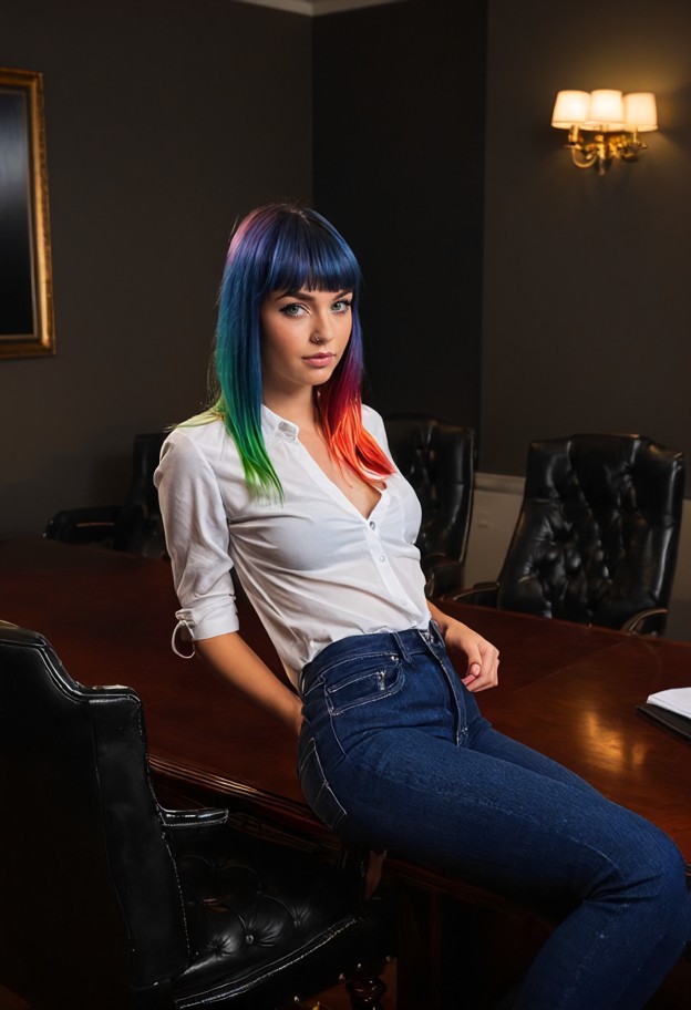 the she is is sitting at a conference table,white cotton shirt,dark blue denim jeans,professional lawyer meeting room…