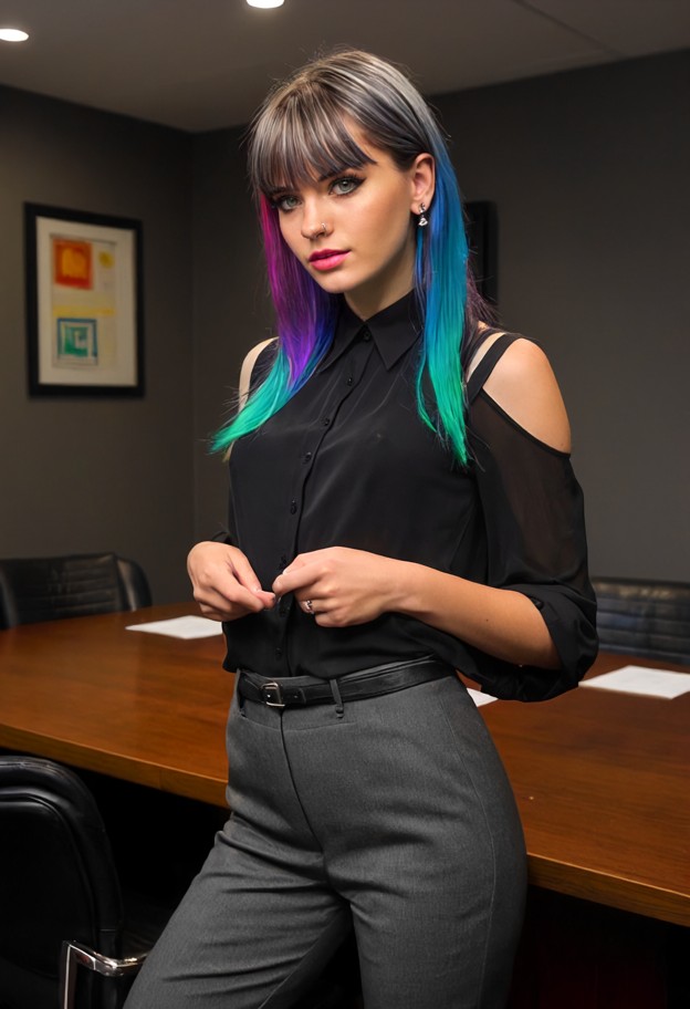 a she is is standing in a meeting room,solo,black silk blouse,charcoal grey tailored trousers,silver earrings,profess…