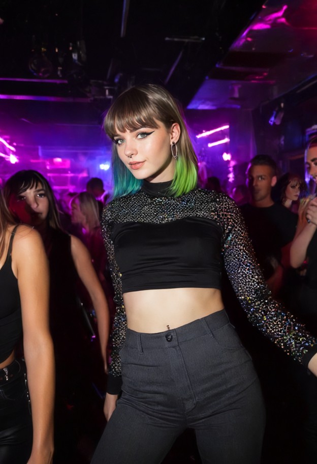 she is,dancing in club,shaking hips,black silk blouse,charcoal grey tailored trousers,silver earrings,nightclub,crowd…
