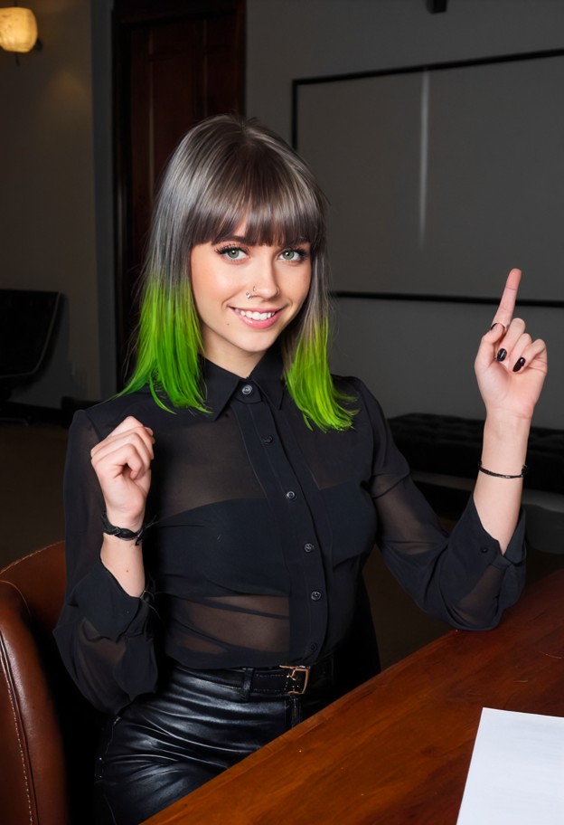 she is is smiling and grasping hand,black silk blouse,charcoal grey tailored trousers,lawyer meeting room,dark wood c…