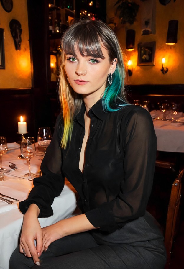 she is clinks wine glass against viewer,black silk blouse,charcoal grey tailored trousers,silver earrings,cozy italia…