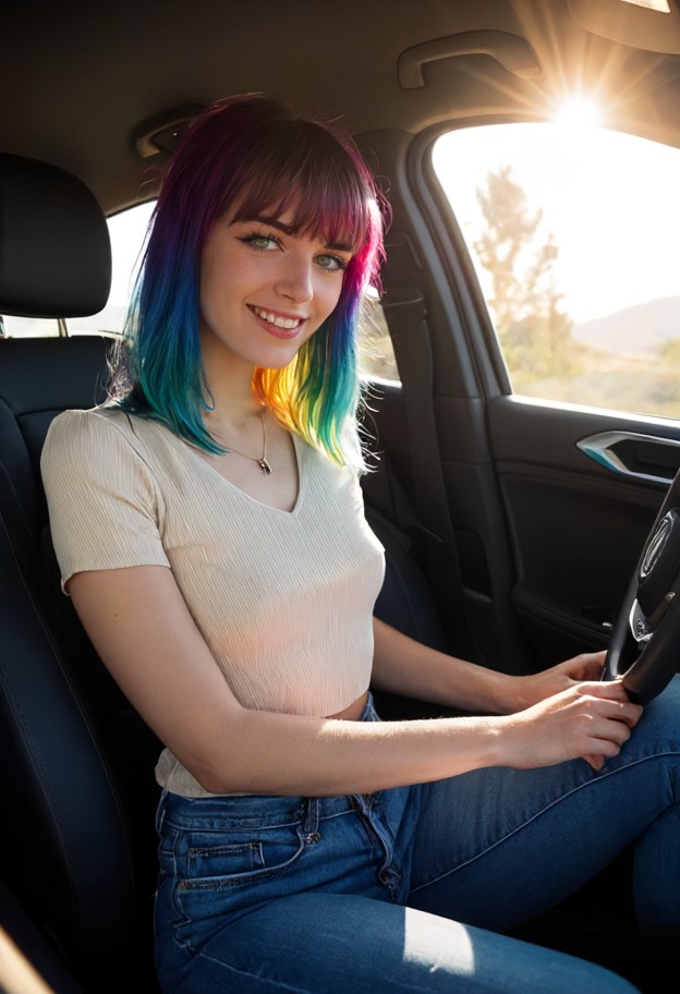 she is is sitting in the passenger seat smiling,beige silk blouse,dark blue denim jeans,inside a modern car,leather s…