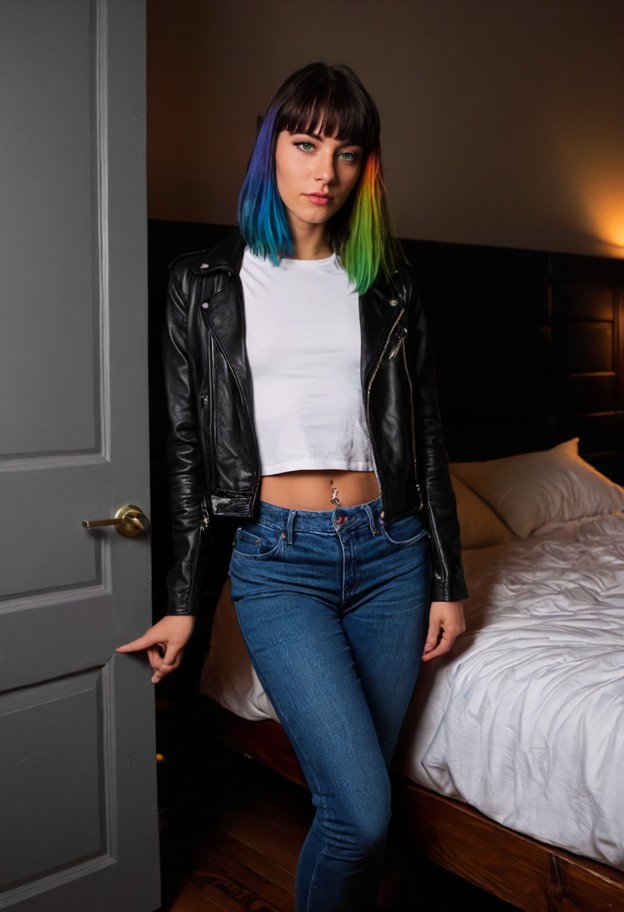 she is is walking toward the door while holding hand,white cotton shirt,dark blue denim jeans,black leather jacket,da…