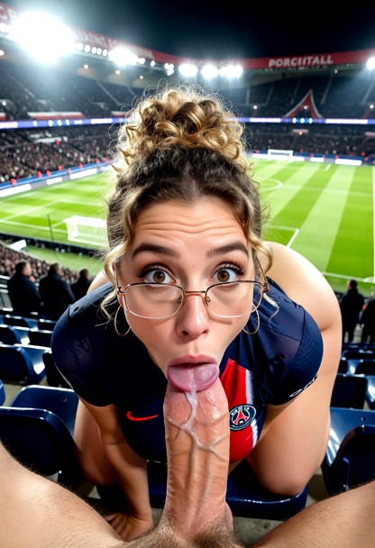 Location: bright stadium stands at night under intense white floodlights, with the vast green pitch visible below and…