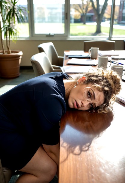 Location: inside a bright faculty lounge during the day, with sunlight streaming through large windows and reflecting…