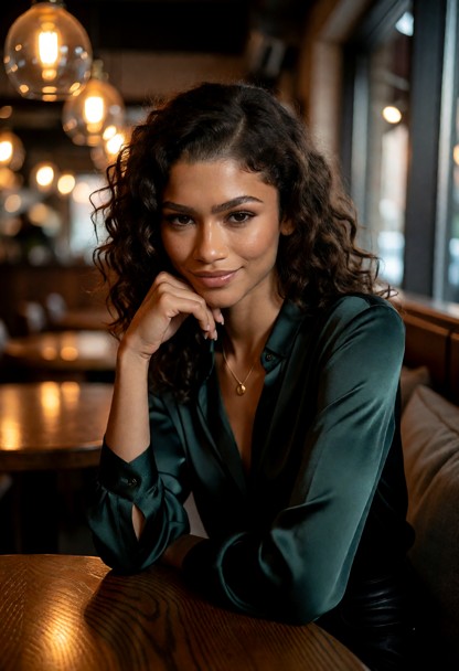 Location: a cozy, dimly lit cafe in the evening with warm amber light from overhead pendants reflecting off polished …
