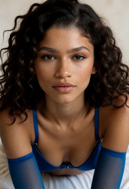 Zendani acostada boca abajo, mostrando trasero, abriendo sus nalgas. Viste lencería sexy azul, con portaligas.
