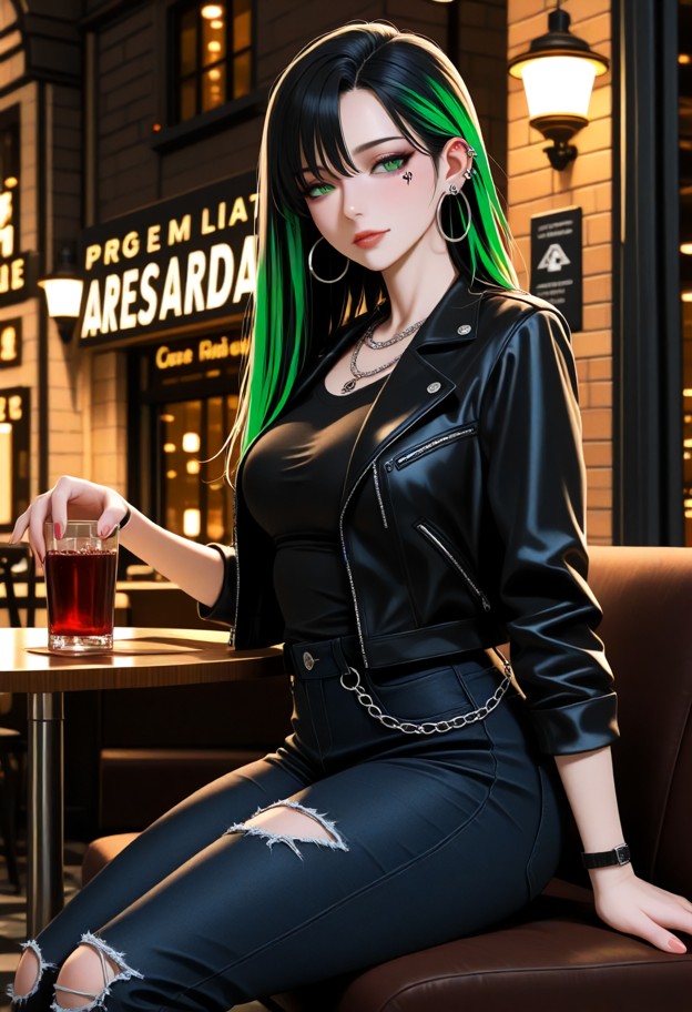 lisa is sitting at a cafe table gesturing toward a waiter,wearing black t-shirt,ripped black denim jeans,black leathe…