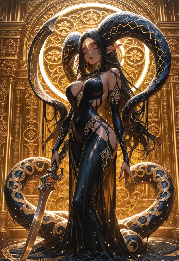 standing in a marble chamber with golden ornaments,holding a golden scissor,orbs attached to golden strings floating …