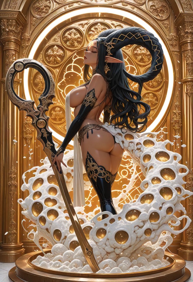 standing,inside a white marble chamber with golden ornaments,holding a golden scissor,orbs attached to golden strings…