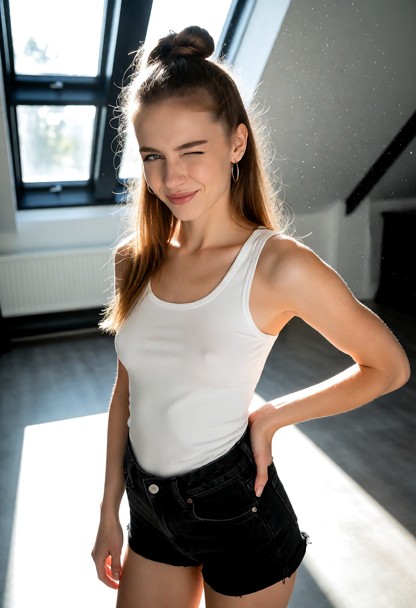 Location: a sunlit studio space with bright natural light streaming through a large skylight, casting sharp, clean ra…