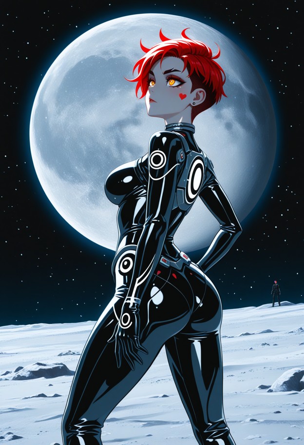 studio
 trigger anime style,extreme low-angle shot from the grey lunar 
surface. a woman in a sleek sci-fi suit stand…