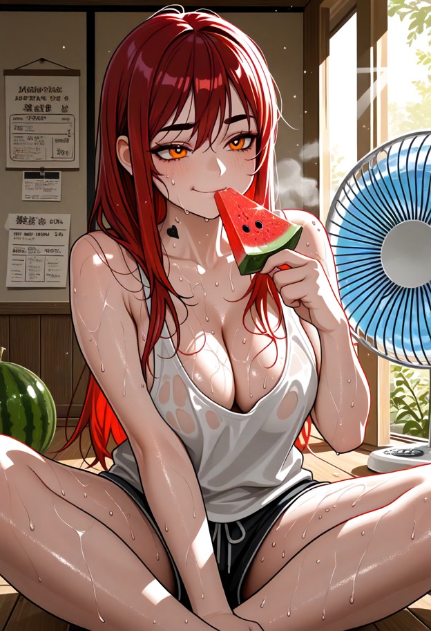 1girl,solo,anime style,extremely hot japanese countryside summer,sitting on a wooden engawa of a traditional japanese…