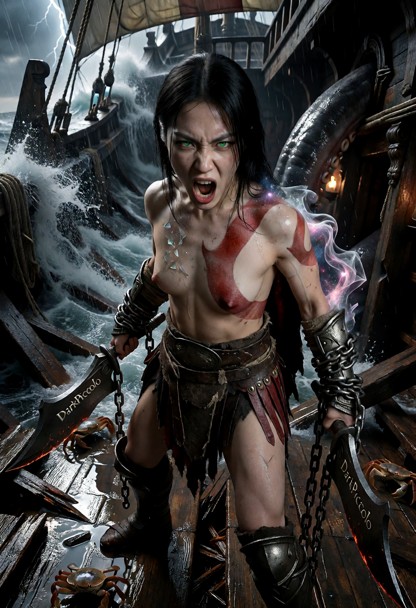 SCENE CONTEXT: Matches the reference image perfectly. The fierce female warrior stands in a wide, powerful stance on …