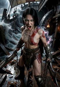 SCENE CONTEXT: Matches the reference image perfectly. The fierce female warrior stands in a wide, powerful stance on …