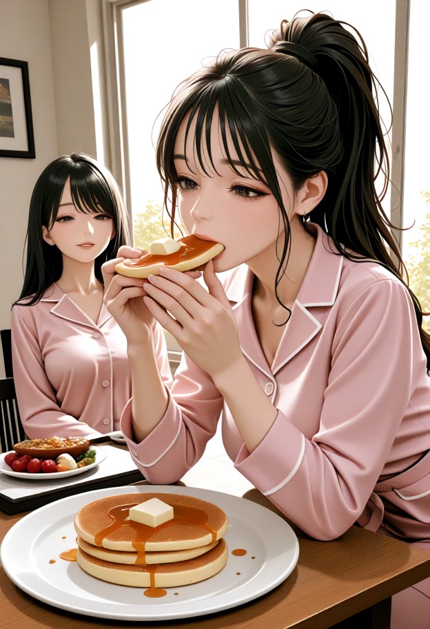 she is sitting at table eating pancake,happy,light pink cotton pajamas,bright kitchen,wooden breakfast table,breakfas…