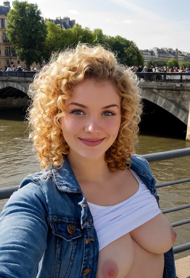 standing on the bridge holding a map and smiling at viewer,blue denim jacket,white cotton t-shirt,pont des arts bridg…