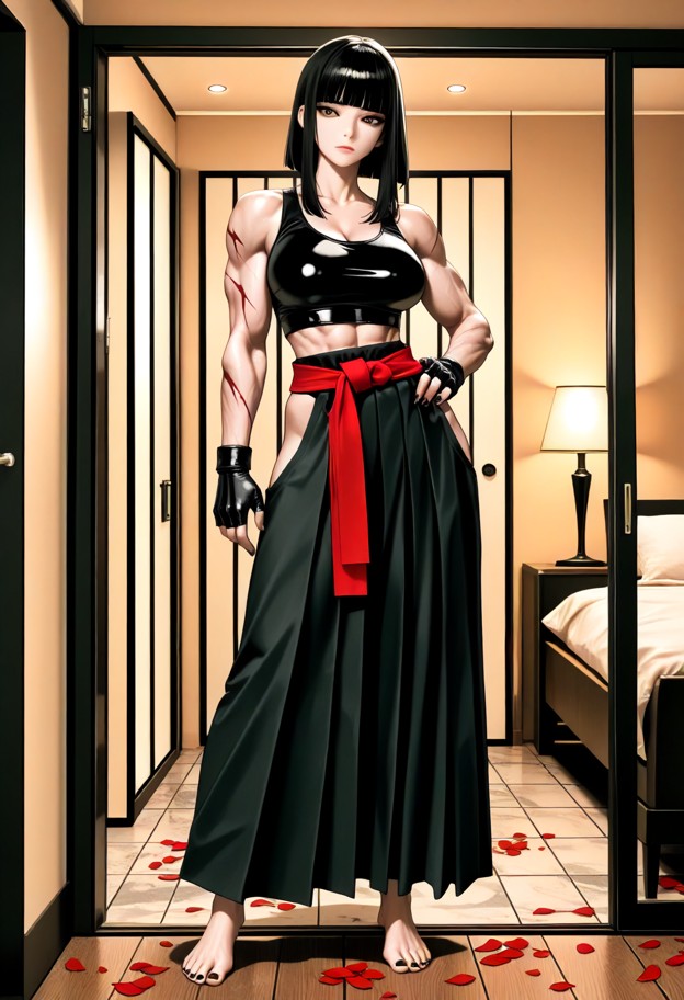 akame kiryū stands in a wide stance in a dim hotel room,tight-fitting black leather crop top,loose black hakama pants…