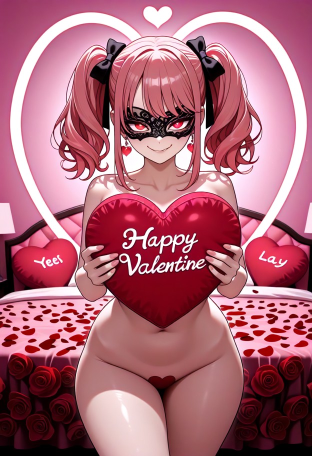 standing,facing viewer,cheeky smirk,naked,holding a giant heart-shaped pillow,heart-shaped pillow has "happy v-day" w…
