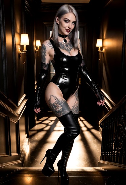 Location: a grand, dimly lit hallway with dark paneled walls and a sweeping staircase, where the warm amber light fro…
