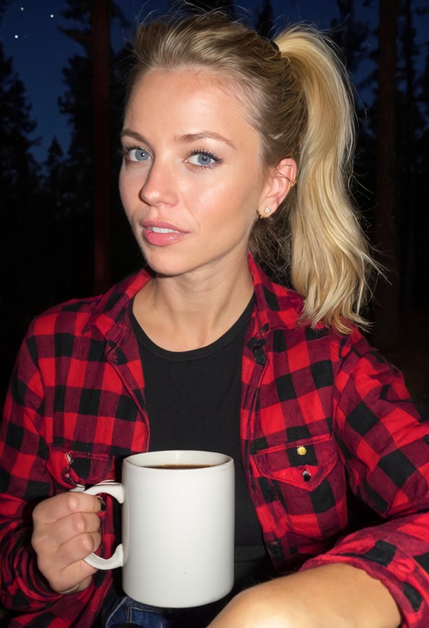 she is is sitting leaning head on shoulder and sipping from a mug,red and black checkered flannel lumberjack shirt,fo…