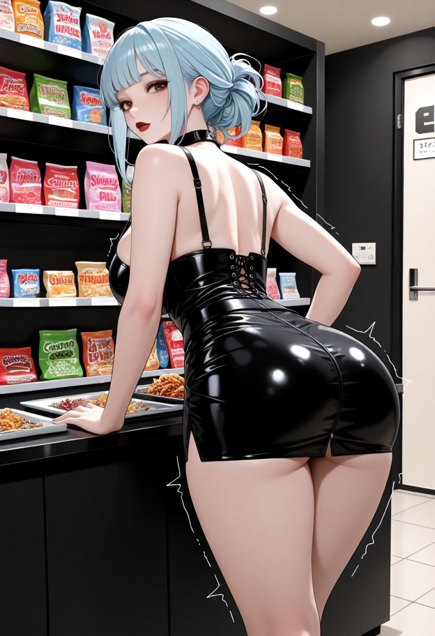 a she is stands at the checkout counter with trembling hands,black tight top,black leather skirt,pet shop,shelves of …