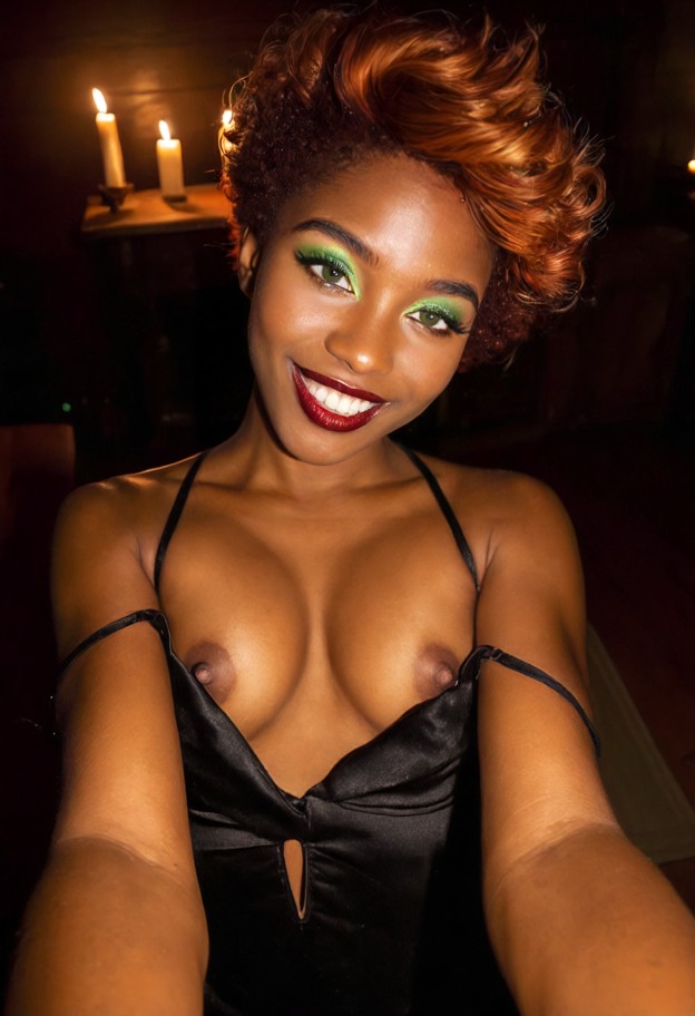 solo,wearing dress,pulling bra down (revealing nipples) front view,facing viewer,laughing,joyful,open smile,happy moo…