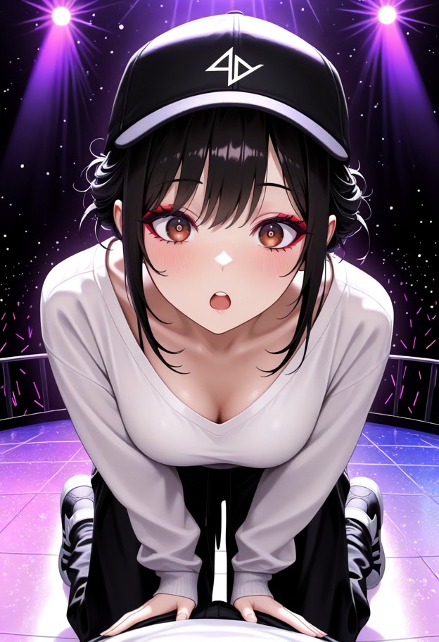shocked,startled,surprised expression,wide mouth,1girl,1guy,penis,cowgirl,riding cock,breasts bouncing,pov,streetwear…