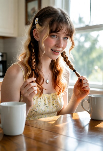 Location: bright morning in a sunlit kitchen with a wooden dining table, white ceramic mugs, and soft light streaming…