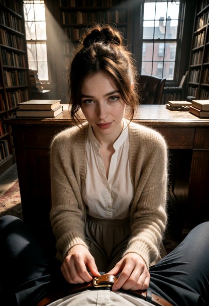 Location: dim and musty reading room in the back of the bookstore, lit by a single shaft of evening light from a tall…