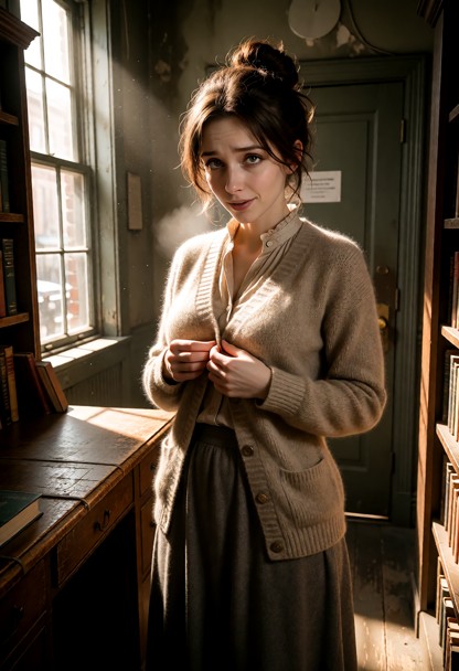 Location: dim and musty reading room in the back of the bookstore, lit by a single shaft of evening light from a tall…