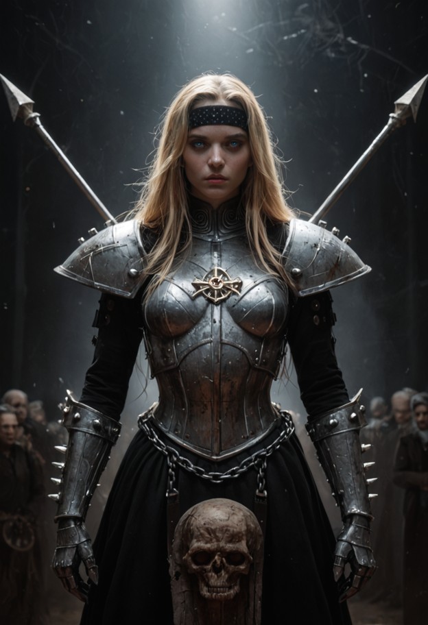 a hyper-realistic cinematic poster of a 1girl crusader from diablo 3,standing in a powerful and heroic pose. she is f…
