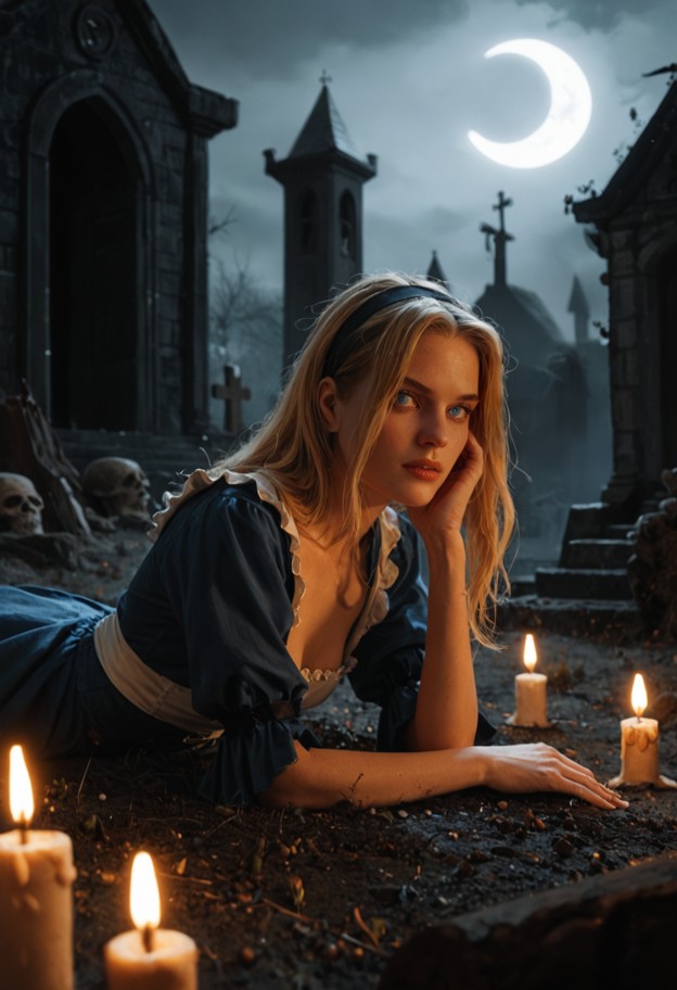 dark
fantasy style,a sinister ancient cemetery at night,a freshly opened
grave in the foreground,flickering candles…