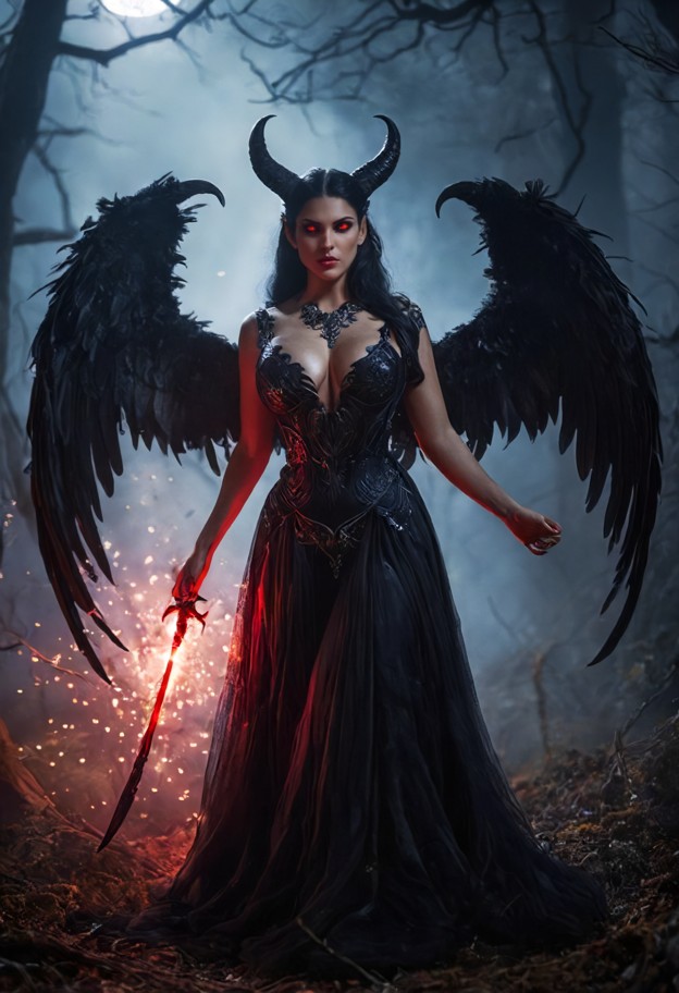 Lilith
standing in a moonlit ancient forest, wearing a flowing black silk gown
with silver embroidery, large dark f…