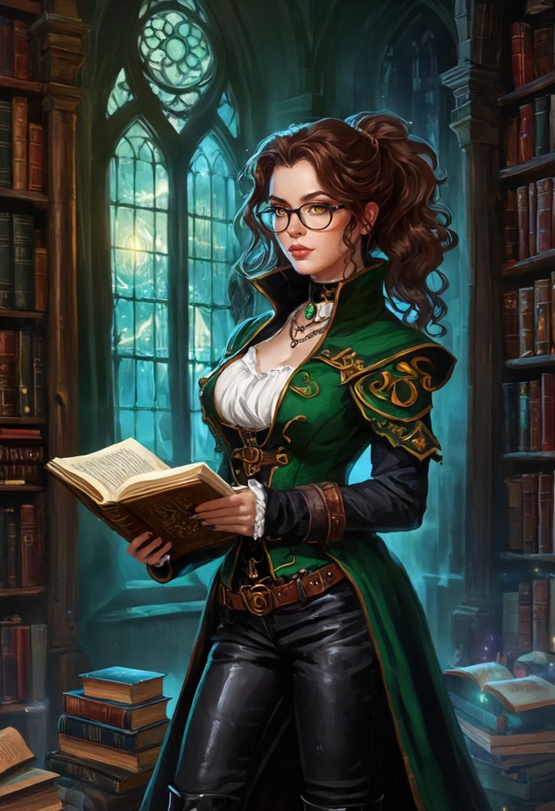 priscilla standing confidently beside her enormous gentle mythical creature in an ancient enchanted library,long dark…