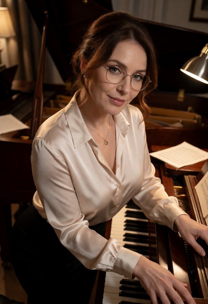 Location: evening in a cozy music studio with polished mahogany surfaces, scattered sheet music, and the warm, dim gl…