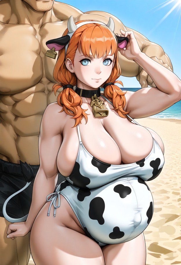 she is is adjusting her cow costume over her pregnant belly,cow costume,cow ears,cow tail,sunny beach,golden sand,blu…