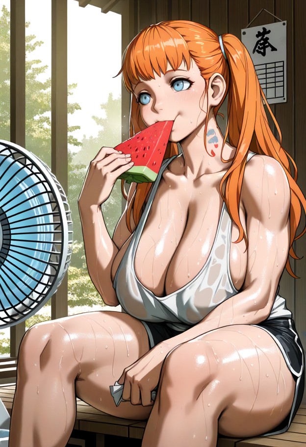 1girl,solo,anime style,extremely hot japanese countryside summer,sitting on a wooden engawa of a traditional japanese…