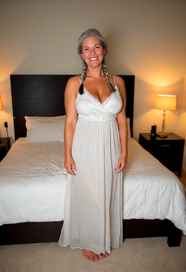 she is standing on the floor in the bedroom,(full body visible:1.8),smiling,sheer white silk nightgown,bedroom,white …