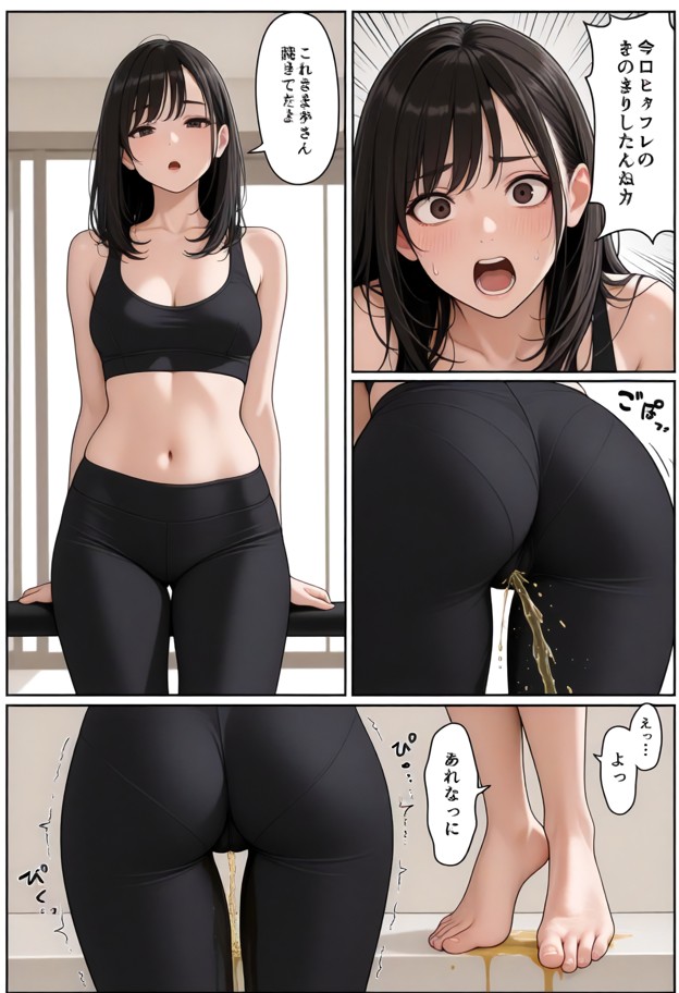 1girl peeing in yoga pants,different poses,soaking yoga pants,screaming in pleasure,ashamed yet lustful expression,fl…