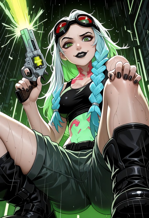 (1girl),(aiming a cyberpunk revolver to the viewer),(one knee on the floor tactical stance),(viewed slightly from bel…