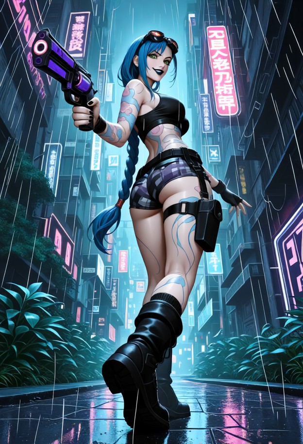 1girl,solo,blue hair,single long braid,black lips,black nail polish,holding 
cyberpunk trigun-sized revolver with lef…