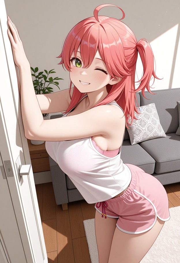 1girl,solo,standing,white tank top,pink bra,pink pajama shorts,wink,smile,blush,cute pose,full-body view,head-to-toe …