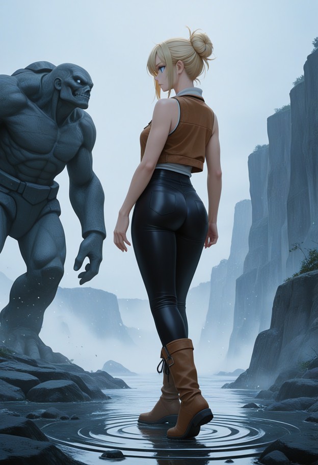 a wide-angle cinematic shot at dusk on a jagged cliffside. a determined 
woman in practical leather-and-canvas advent…