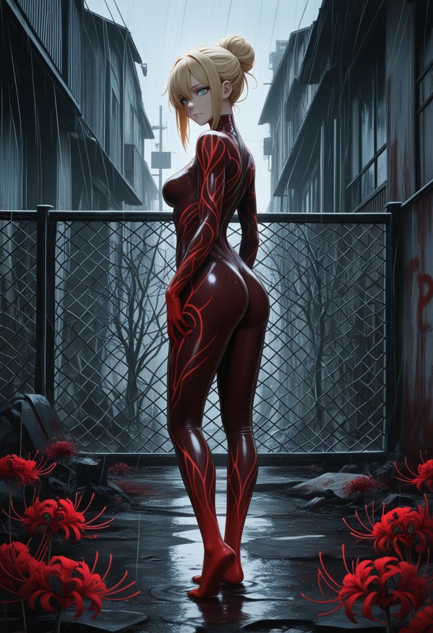 modern
dark shonen anime style by mappa,silent hill f atmosphere,cinematic
frame,heavy rain,blooming red spider lil…