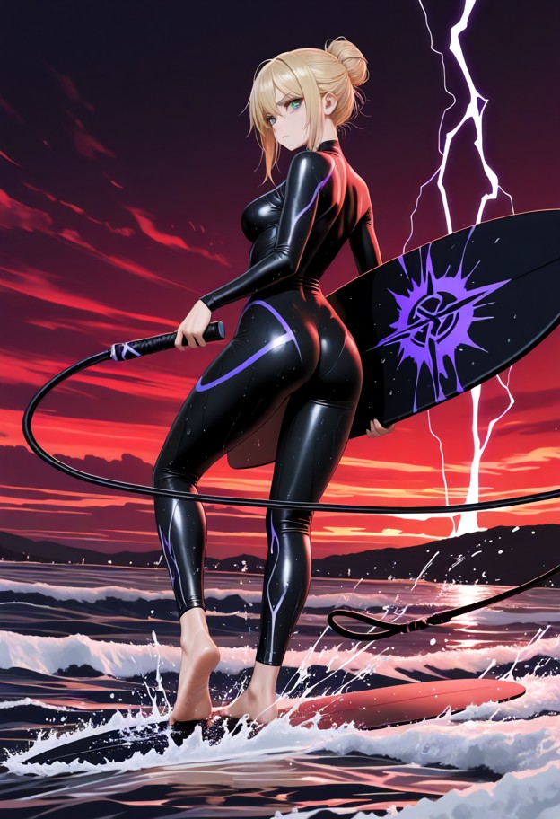 extreme
action shot of a warrior-like woman standing firmly on top of her black
surfboard,surfing a monstrous,tower…