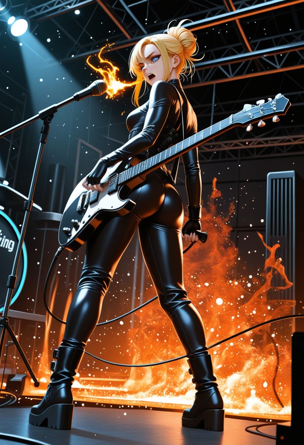 subject: a fierce female lead guitarist,"valkyrie of metal," performing center stage in a high-octane industrial meta…