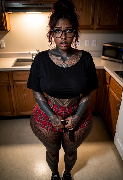 Location: a dimly lit kitchen with smooth linoleum flooring and warm light from an overhead lamp casting soft shadows…